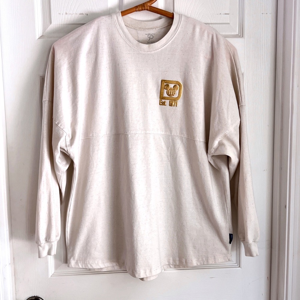 Disney Spirit Jersey L 50th Anniversary Castle Glitter Cream Gold Oversized